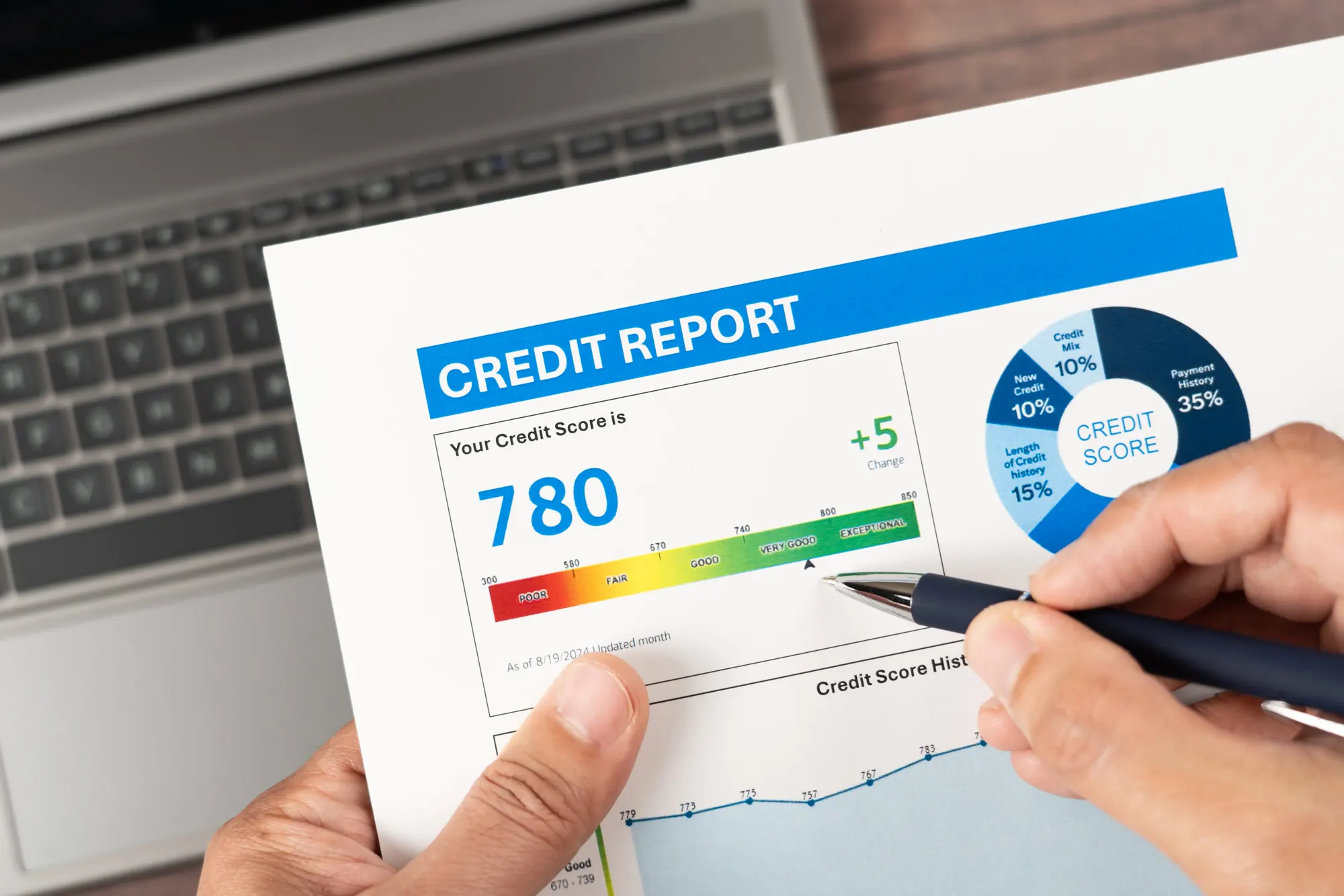 Person reviewing a credit report with a 780 score next to a laptop